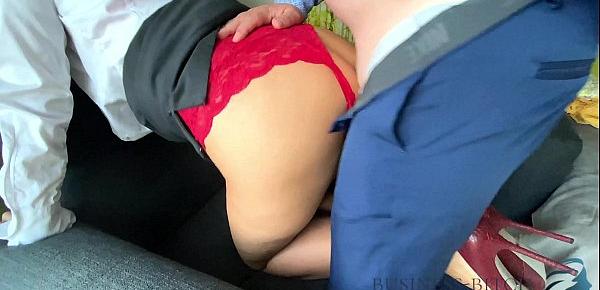  business woman in red lace lingerie gives her boss a nice blowjob and swallows his hot cream, business bitch